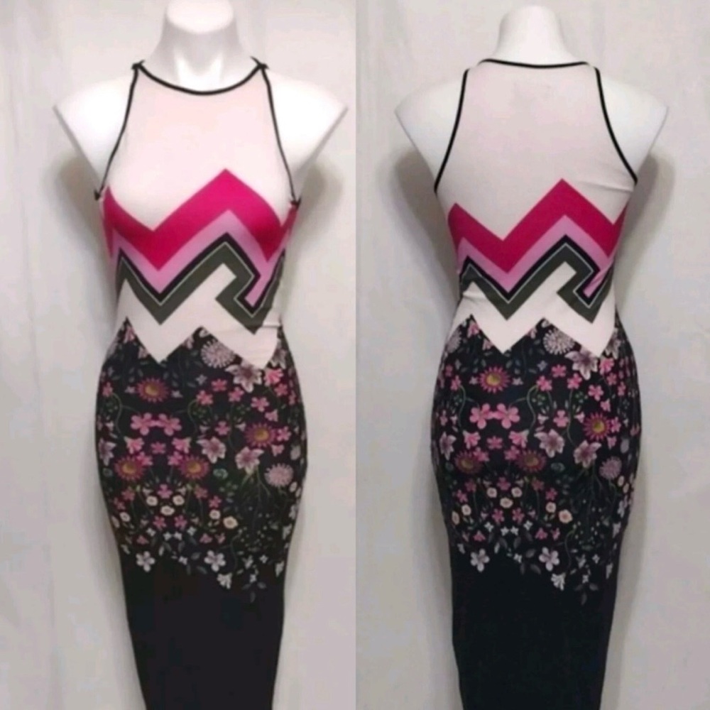 Ted Baker Pink and Black Floral Midi Dress